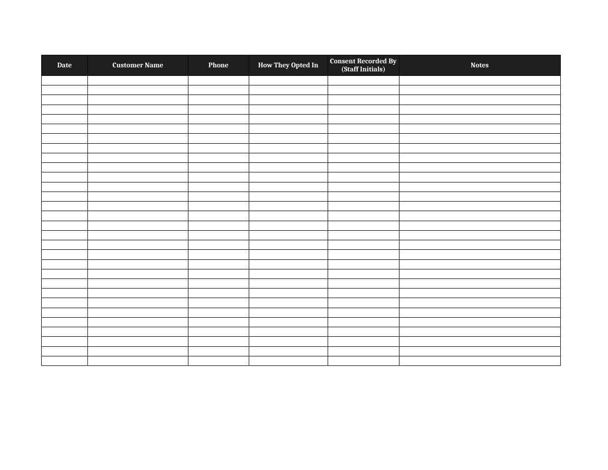 Empty consent log with columns for date, customer name, phone, how they opted in, staff initials, and notes