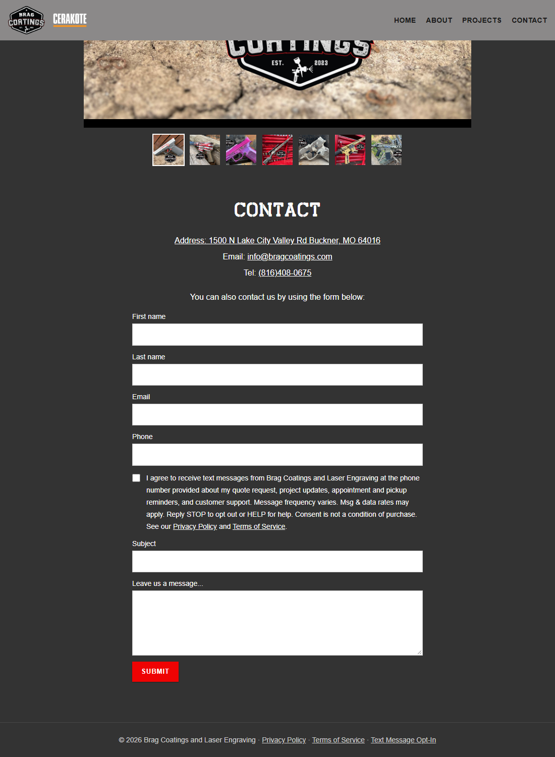 Contact form on bragcoatings.com with the text message consent box unchecked