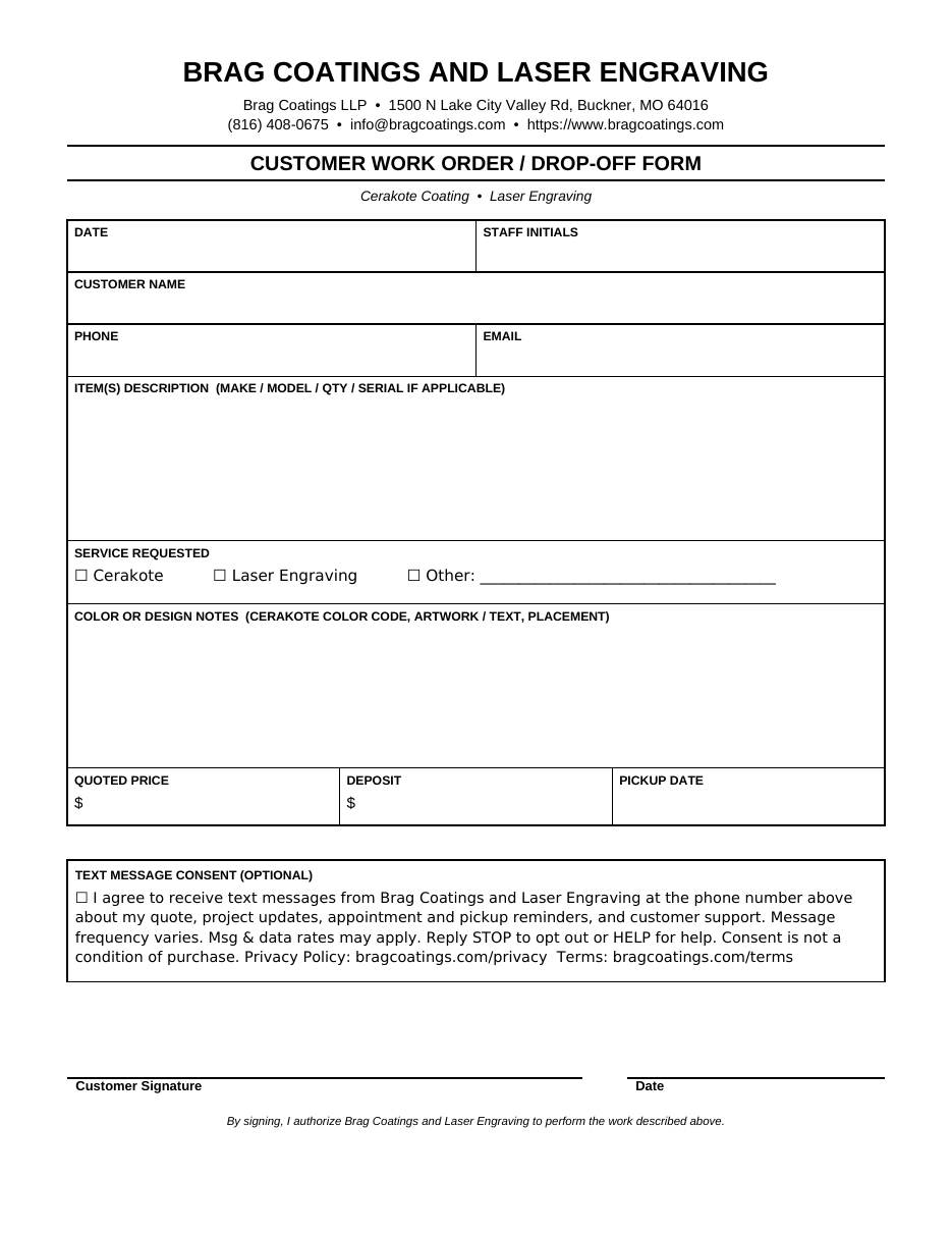 Blank in-store work form with the text message consent line